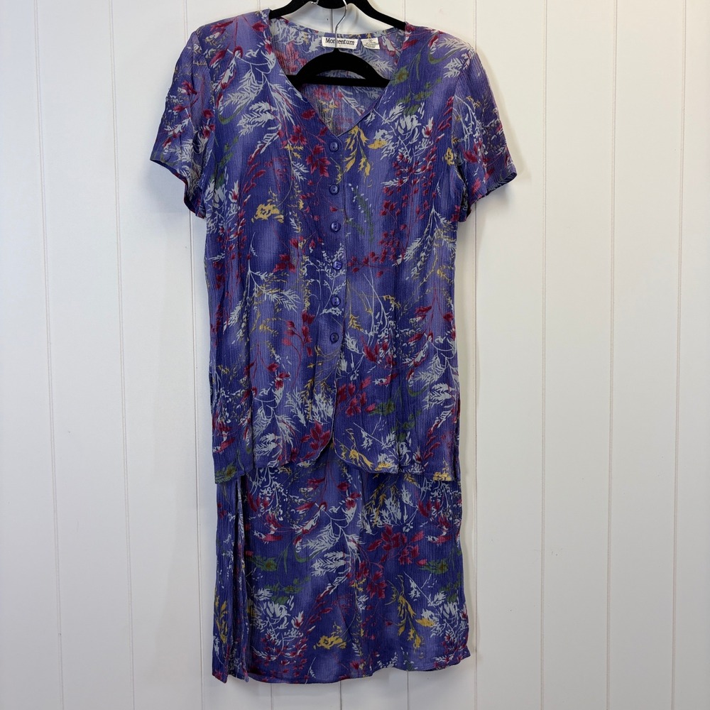 Vintage Momentum 90s Floral Crinkle 2pc Skirt Set Women Medium Cottage Granny